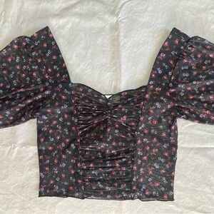 Topshop Black Floral Puff Sleeve Blouse